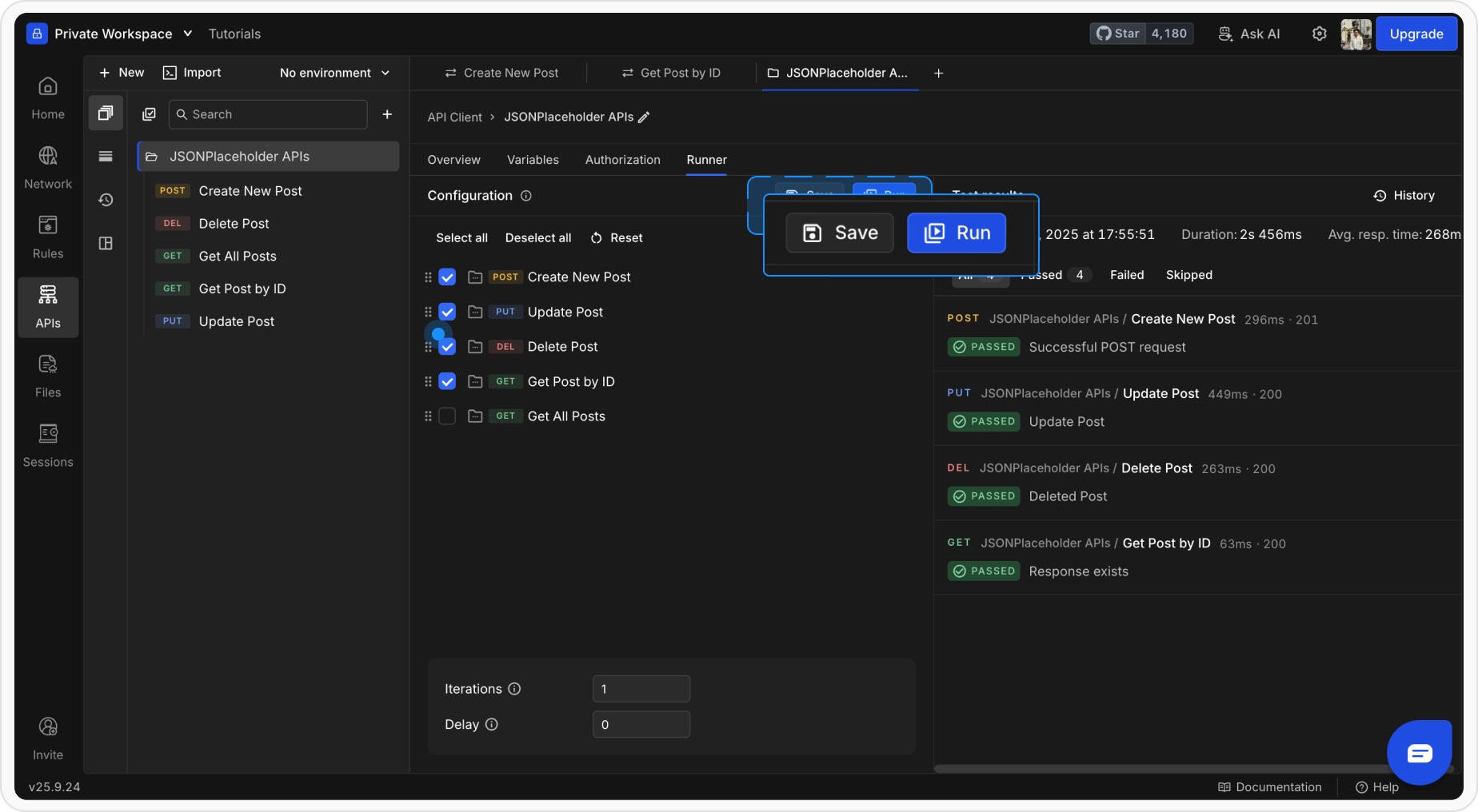 Screenshot of the Requestly Collection Runner showing the Save and Run buttons used to start executing API collections automatically.