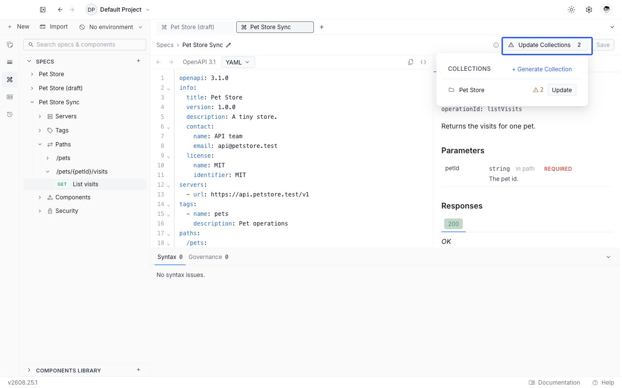 The Collections popover listing a linked collection with an amber pending-change count and an enabled Update button