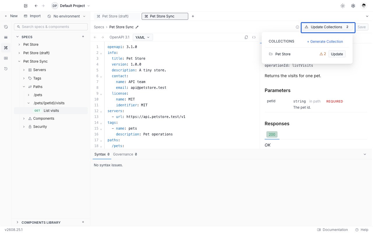 The Collections popover listing a linked collection with an amber pending-change count and an enabled Update button
