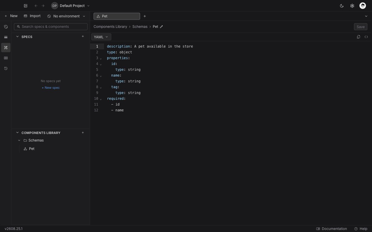 A schema component open in its editor tab, with the Components Library, Schemas, and component name in the breadcrumb