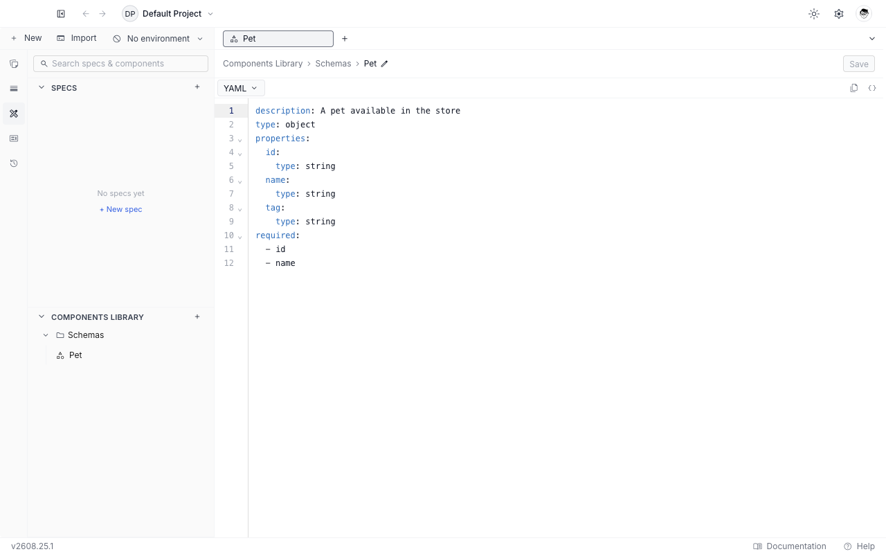 A schema component open in its editor tab, with the Components Library, Schemas, and component name in the breadcrumb