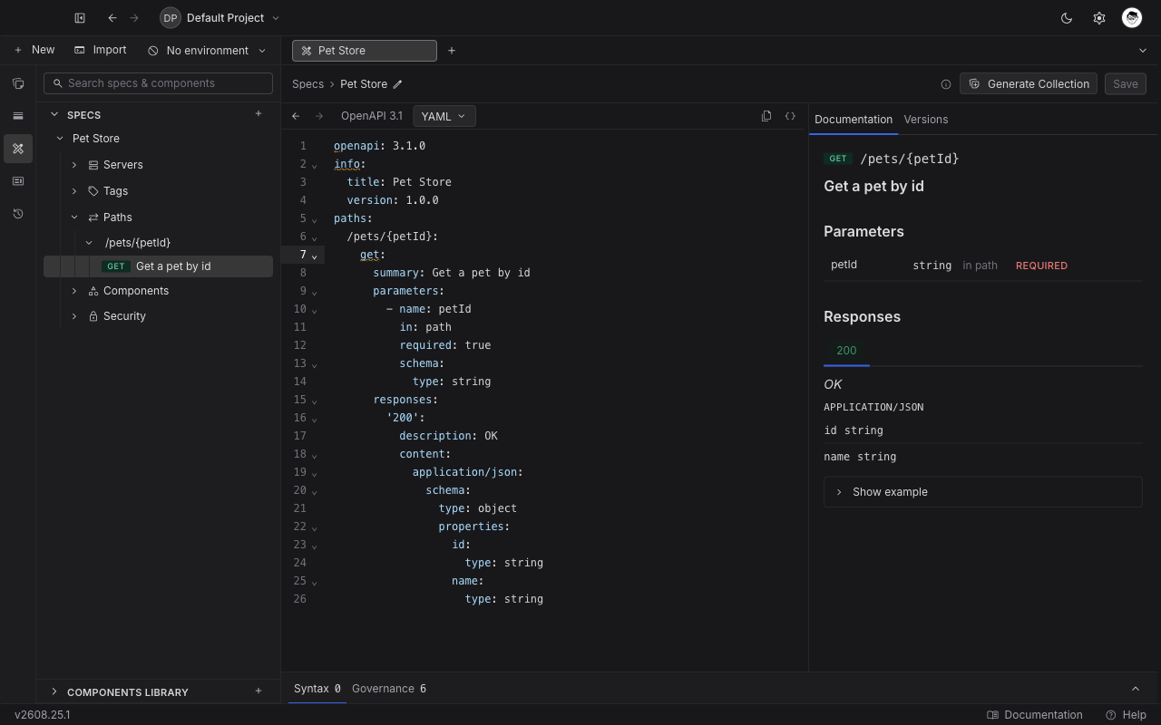 The Documentation rail rendering a single operation with its path parameter and its response schema tree