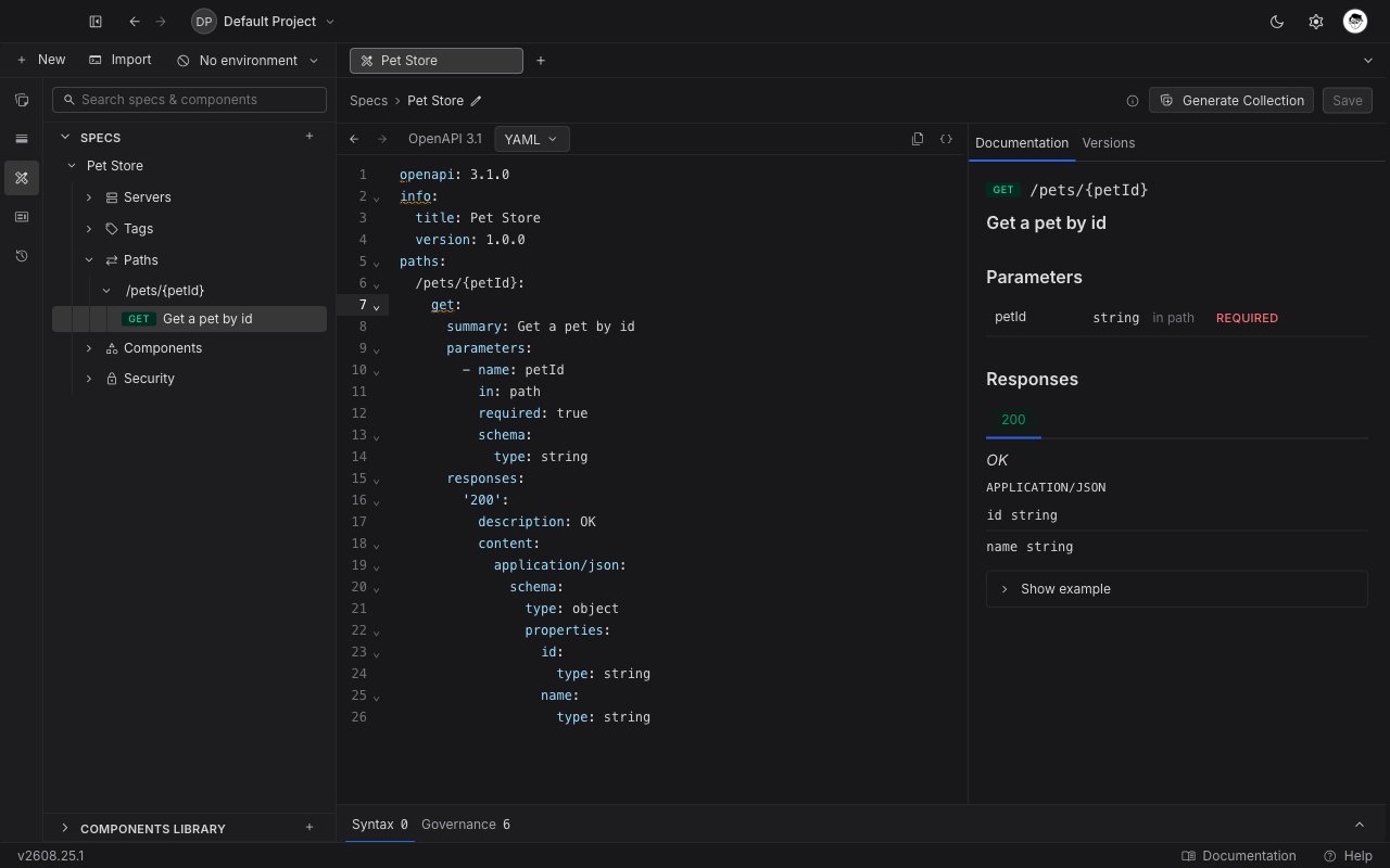 The Documentation rail rendering a single operation with its path parameter and its response schema tree