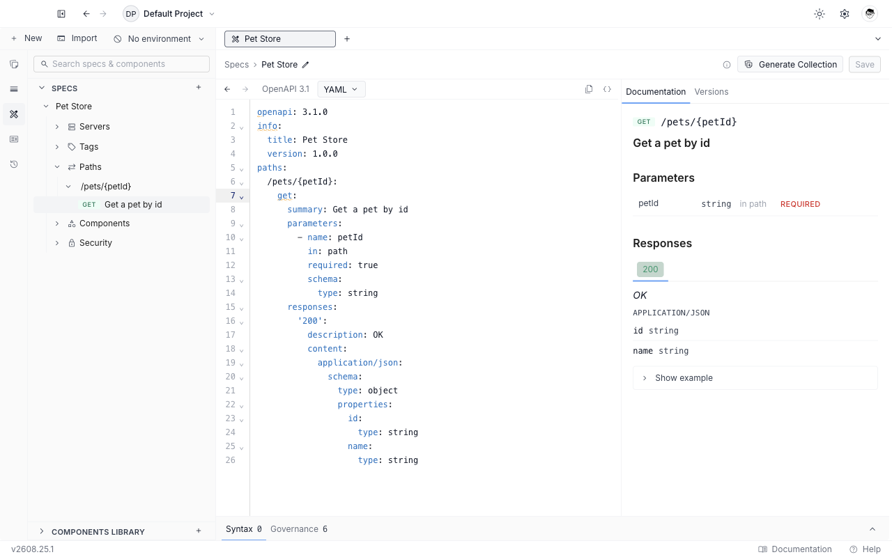 The Documentation rail rendering a single operation with its path parameter and its response schema tree