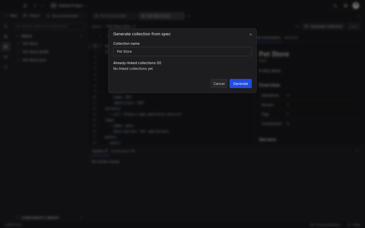 The Generate collection from spec dialog with a Collection name field and a list of already-linked collections