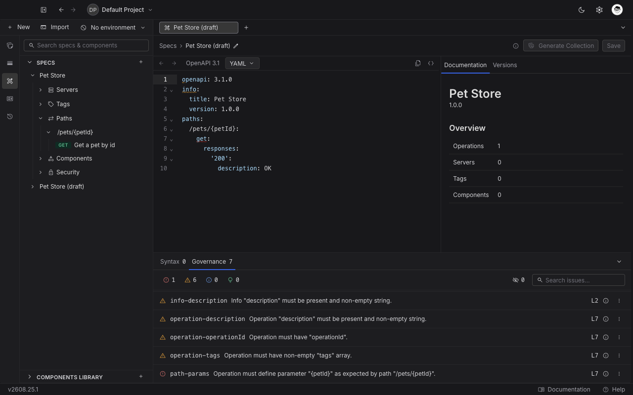 The Governance tab of the Issues panel listing one path-params error and several warnings, with severity filter chips and a search box above the list