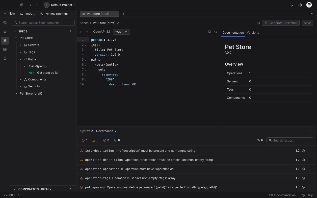 The Governance tab of the Issues panel listing one path-params error and several warnings, with severity filter chips and a search box above the list