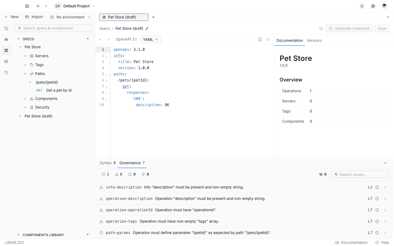 The Governance tab of the Issues panel listing one path-params error and several warnings, with severity filter chips and a search box above the list