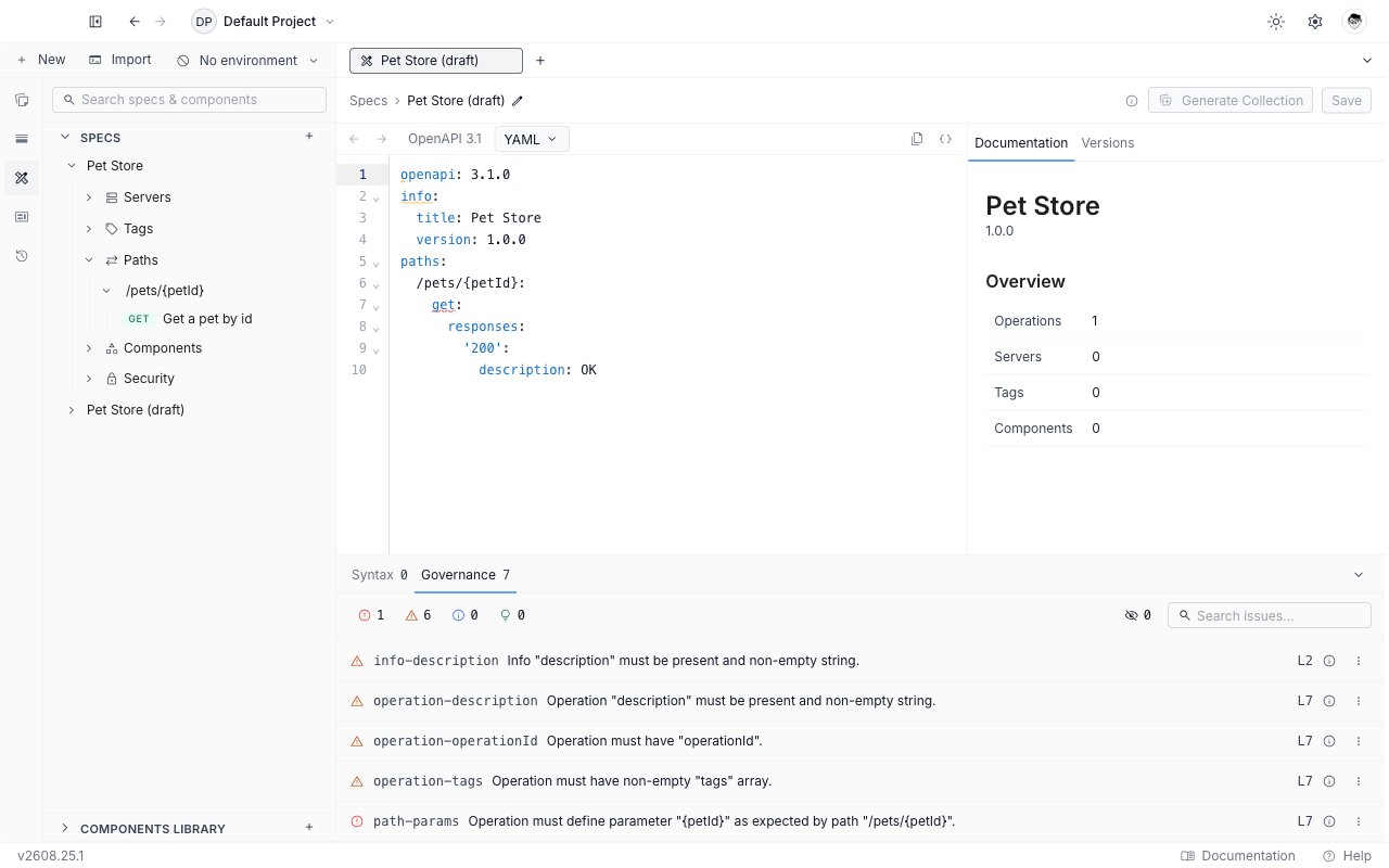 The Governance tab of the Issues panel listing one path-params error and several warnings, with severity filter chips and a search box above the list