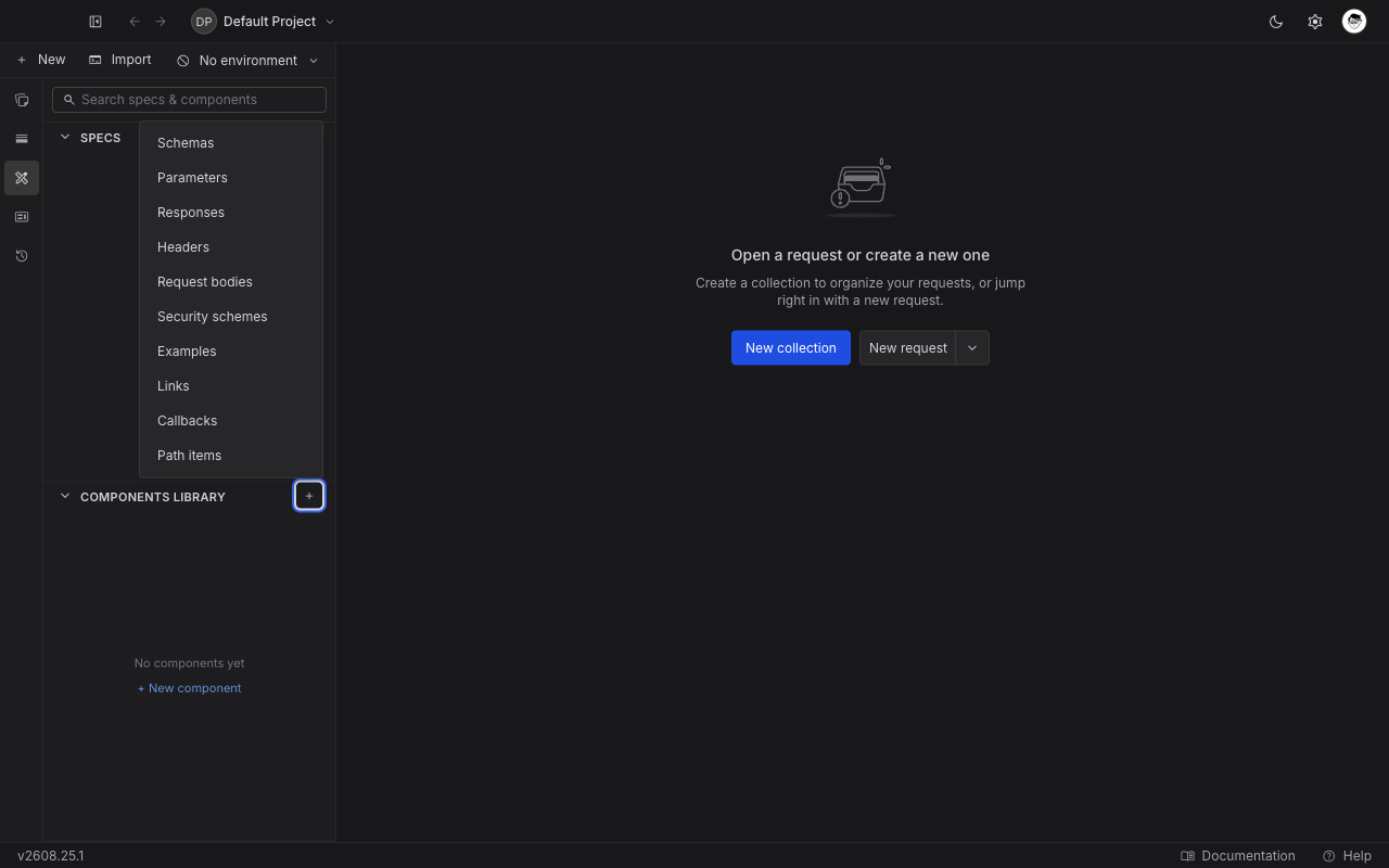 The New component menu listing all ten OpenAPI component categories, from Schemas to Path items