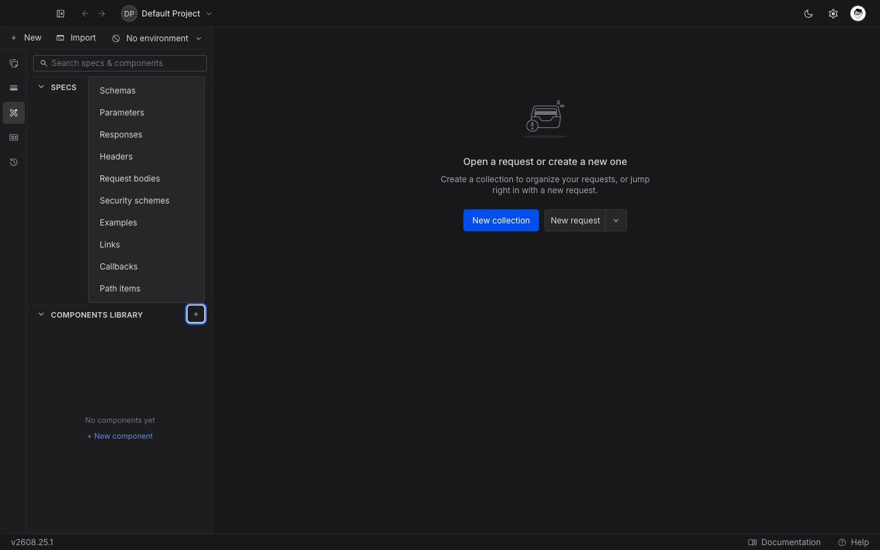 The New component menu listing all ten OpenAPI component categories, from Schemas to Path items