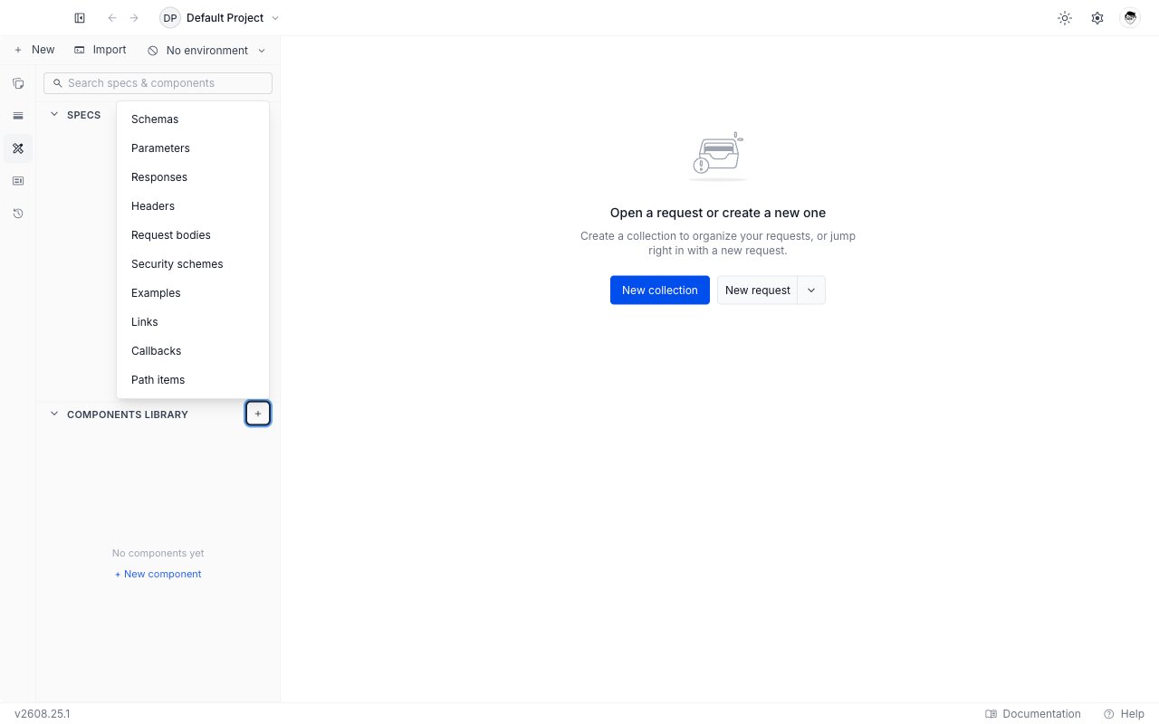 The New component menu listing all ten OpenAPI component categories, from Schemas to Path items