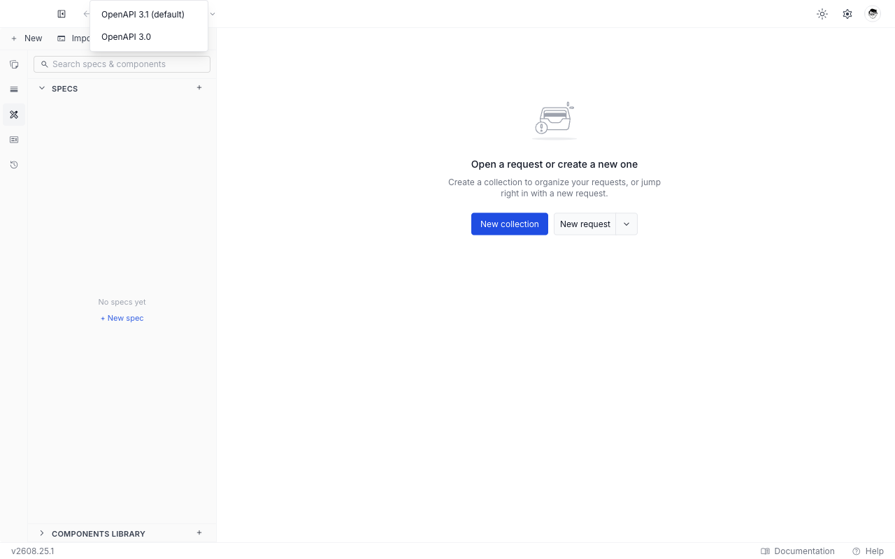 The New spec dropdown offering OpenAPI 3.1 (default) and OpenAPI 3.0