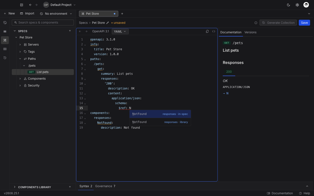 The $ref autocomplete open in the specification editor, listing in-spec and library components with their category in the detail column