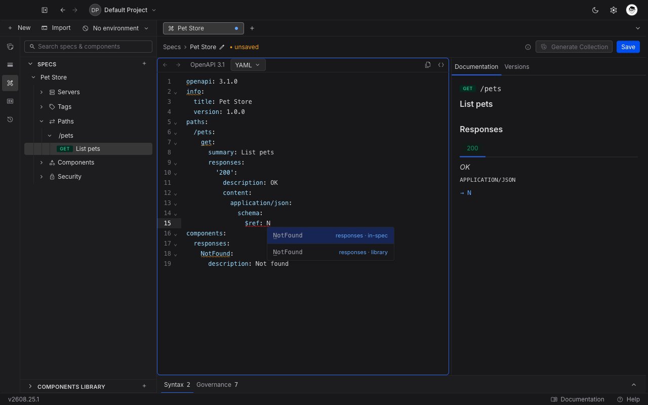 The $ref autocomplete open in the specification editor, listing in-spec and library components with their category in the detail column