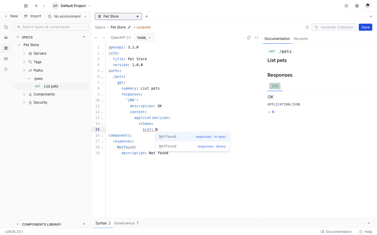 The $ref autocomplete open in the specification editor, listing in-spec and library components with their category in the detail column