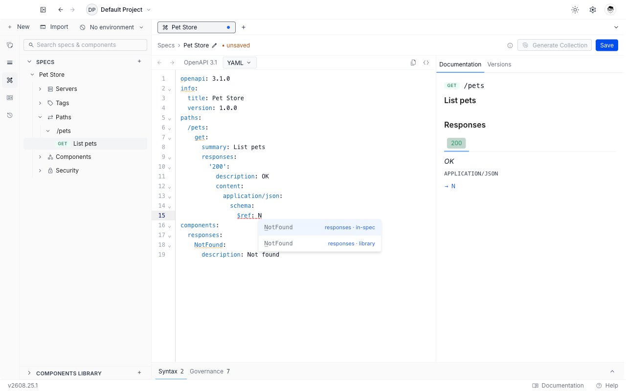 The $ref autocomplete open in the specification editor, listing in-spec and library components with their category in the detail column