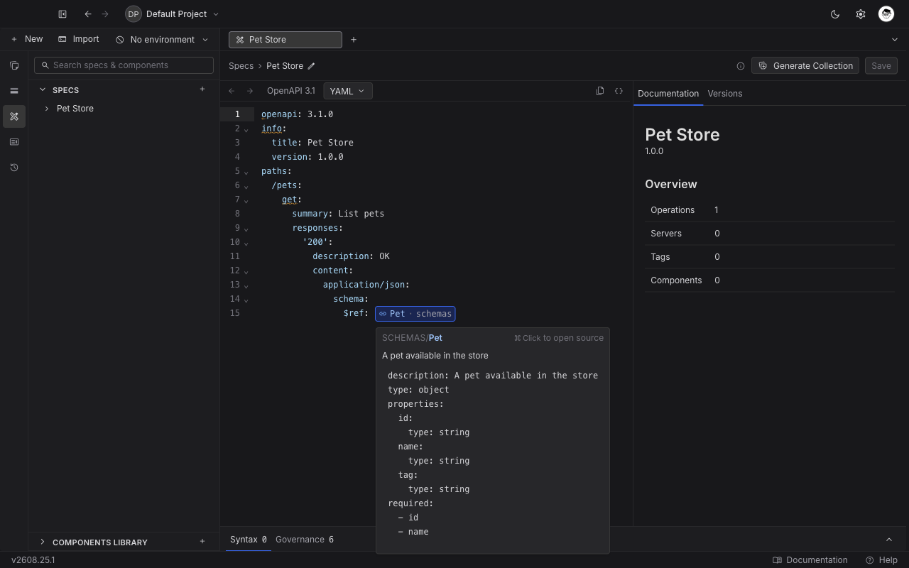 Hovering a $ref chip in the specification editor shows the referenced component's category, name, description, and a preview of its body