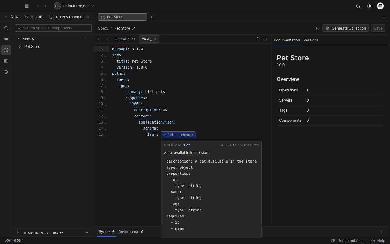 Hovering a $ref chip in the specification editor shows the referenced component's category, name, description, and a preview of its body