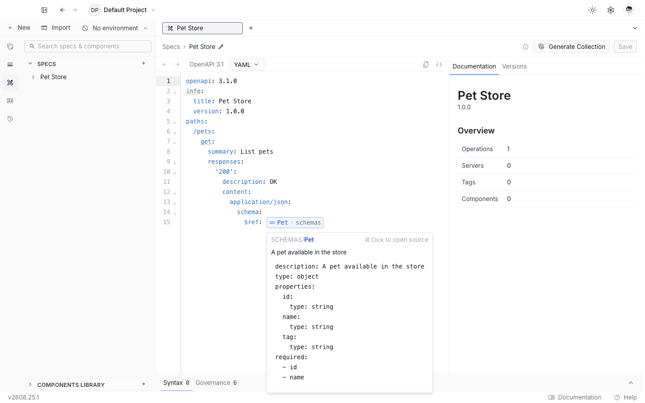 Hovering a $ref chip in the specification editor shows the referenced component's category, name, description, and a preview of its body