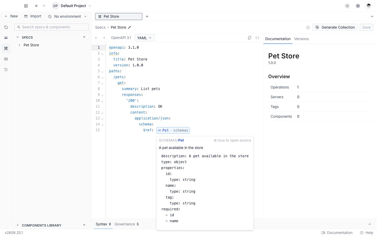 Hovering a $ref chip in the specification editor shows the referenced component's category, name, description, and a preview of its body