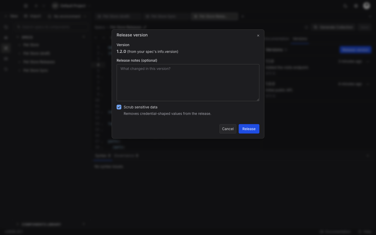 The Release version dialog showing a read-only version taken from info.version, an optional release notes field, and the Scrub sensitive data checkbox
