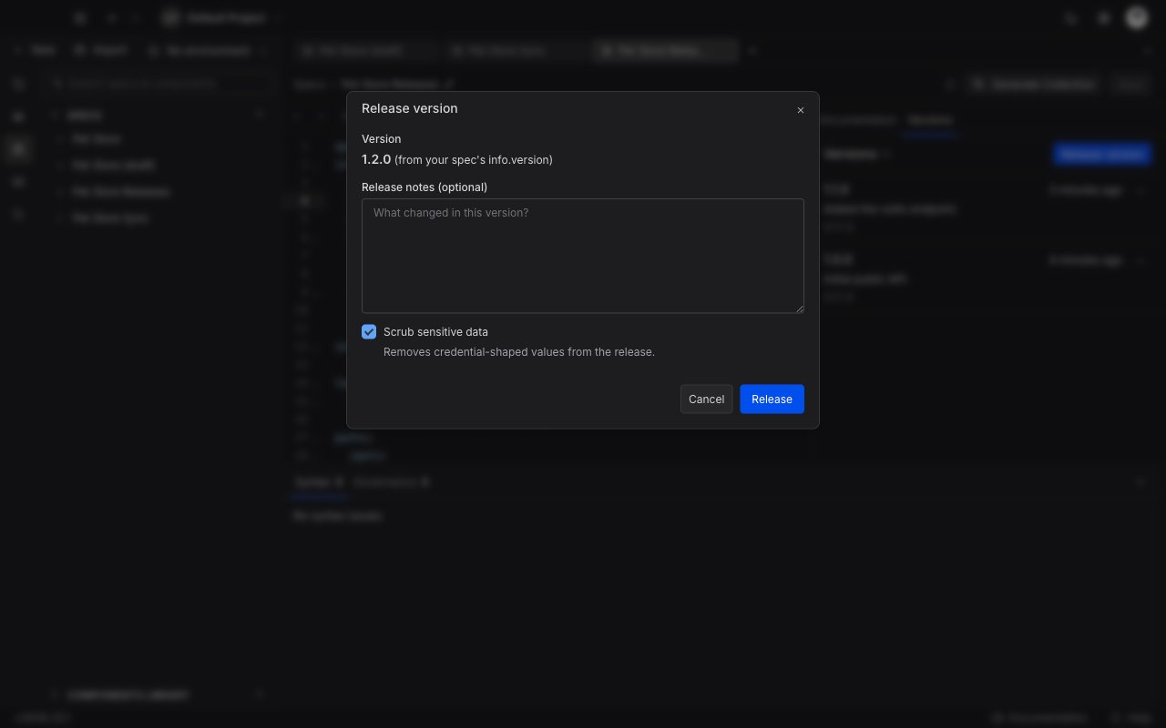 The Release version dialog showing a read-only version taken from info.version, an optional release notes field, and the Scrub sensitive data checkbox