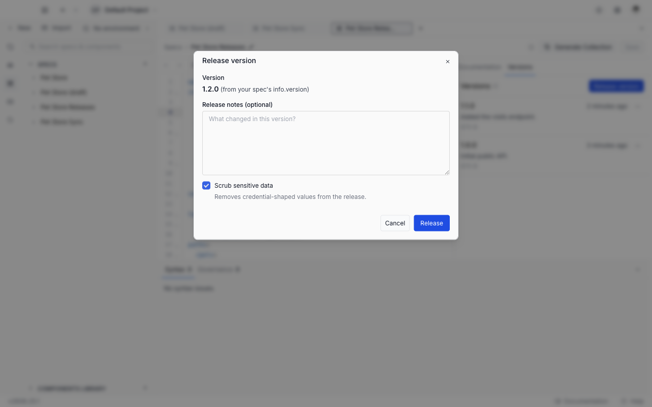 The Release version dialog showing a read-only version taken from info.version, an optional release notes field, and the Scrub sensitive data checkbox