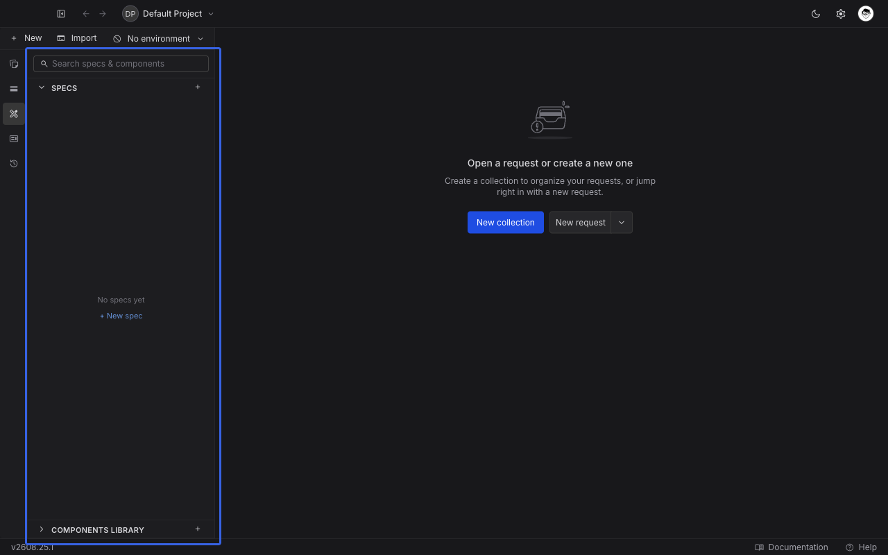 The API Design panel in the API Client sidebar, with an empty Specs section offering New spec and a collapsed Components Library section