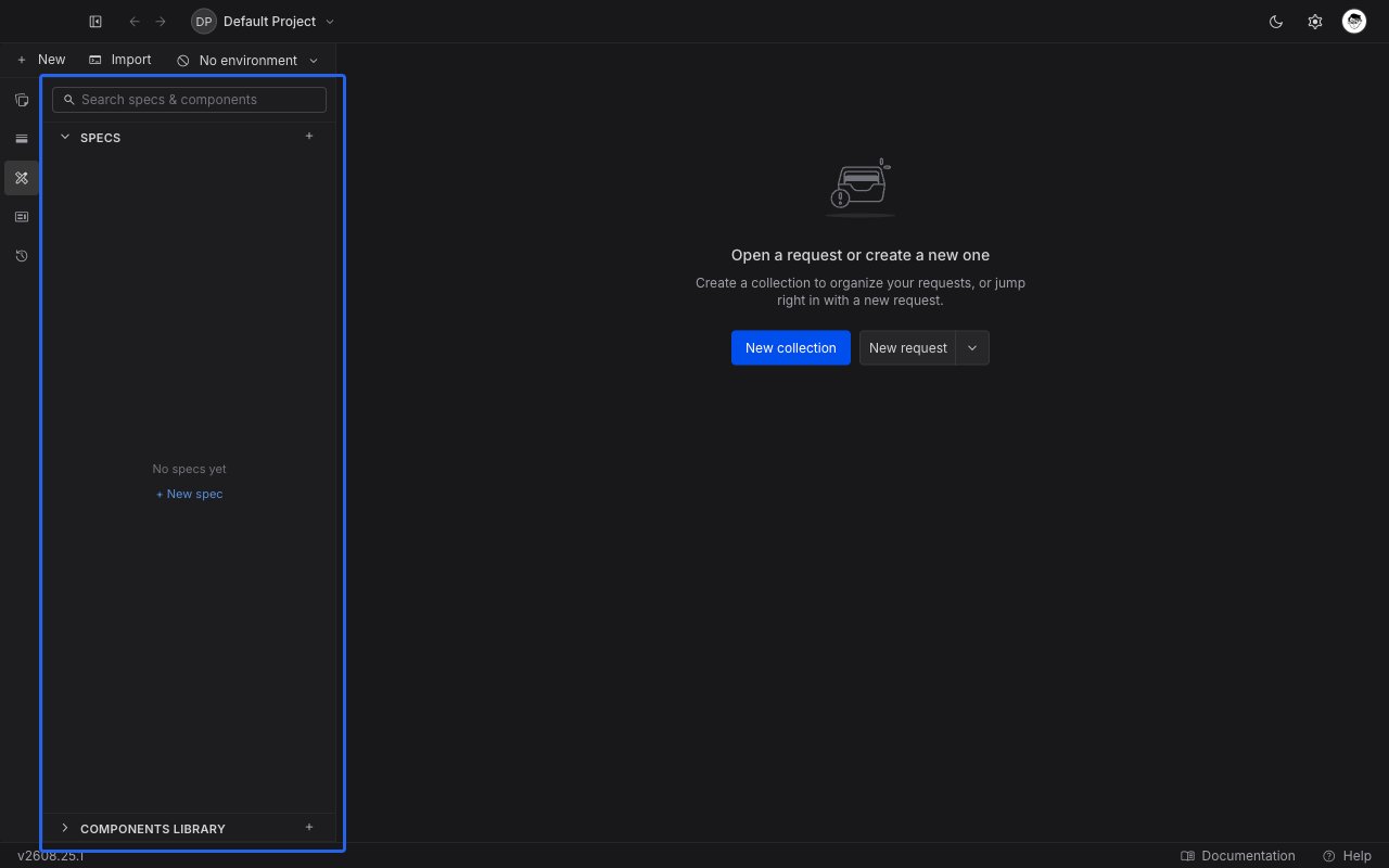 The API Design panel in the API Client sidebar, with an empty Specs section offering New spec and a collapsed Components Library section
