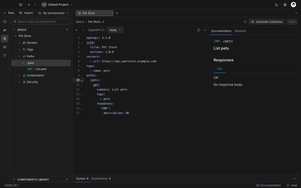 The API Design panel with a specification expanded to show its Servers, Tags, Paths, Components, and Security outline, and operations with method badges