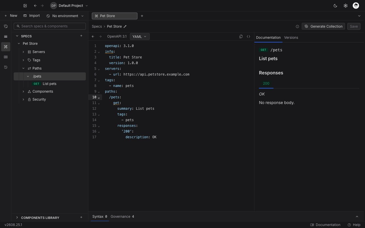 The API Design panel with a specification expanded to show its Servers, Tags, Paths, Components, and Security outline, and operations with method badges