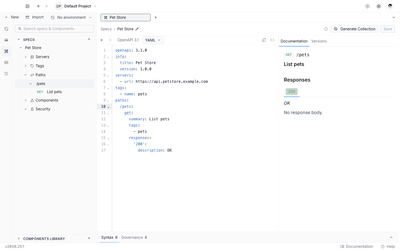 The API Design panel with a specification expanded to show its Servers, Tags, Paths, Components, and Security outline, and operations with method badges