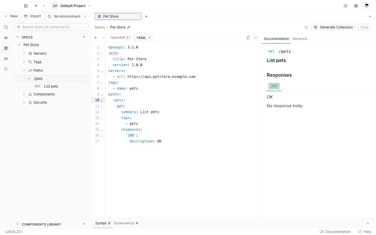 The API Design panel with a specification expanded to show its Servers, Tags, Paths, Components, and Security outline, and operations with method badges