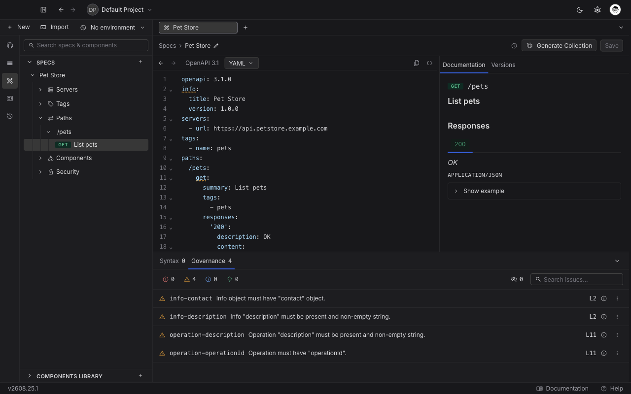 The specification editor with the document outline in the sidebar, the OpenAPI document in the middle, the documentation preview on the right, and the issues panel docked below
