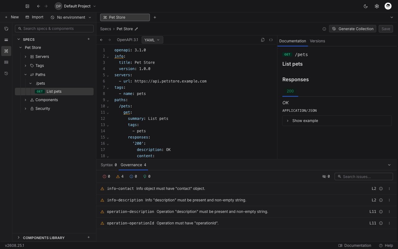The specification editor with the document outline in the sidebar, the OpenAPI document in the middle, the documentation preview on the right, and the issues panel docked below