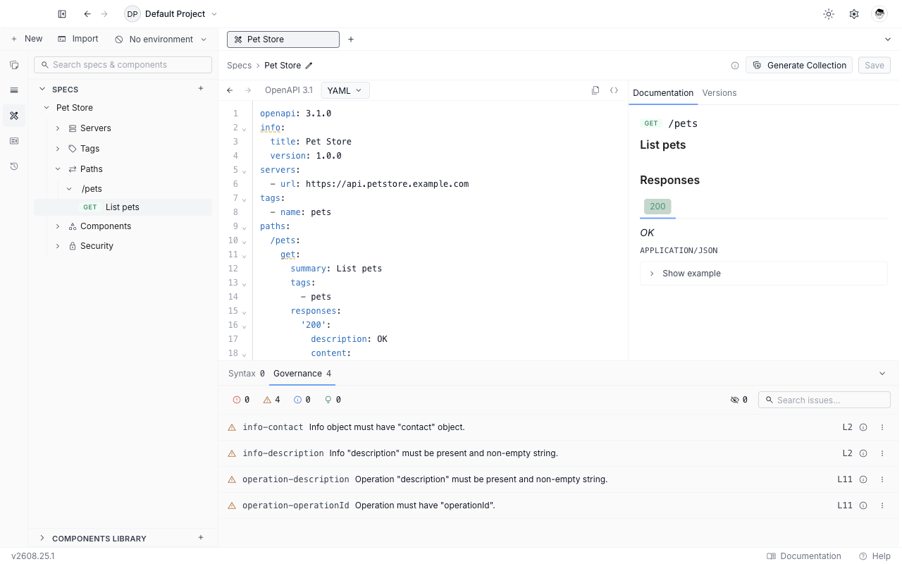 The specification editor with the document outline in the sidebar, the OpenAPI document in the middle, the documentation preview on the right, and the issues panel docked below