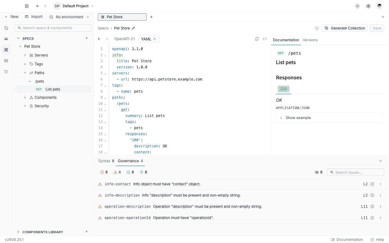 The specification editor with the document outline in the sidebar, the OpenAPI document in the middle, the documentation preview on the right, and the issues panel docked below