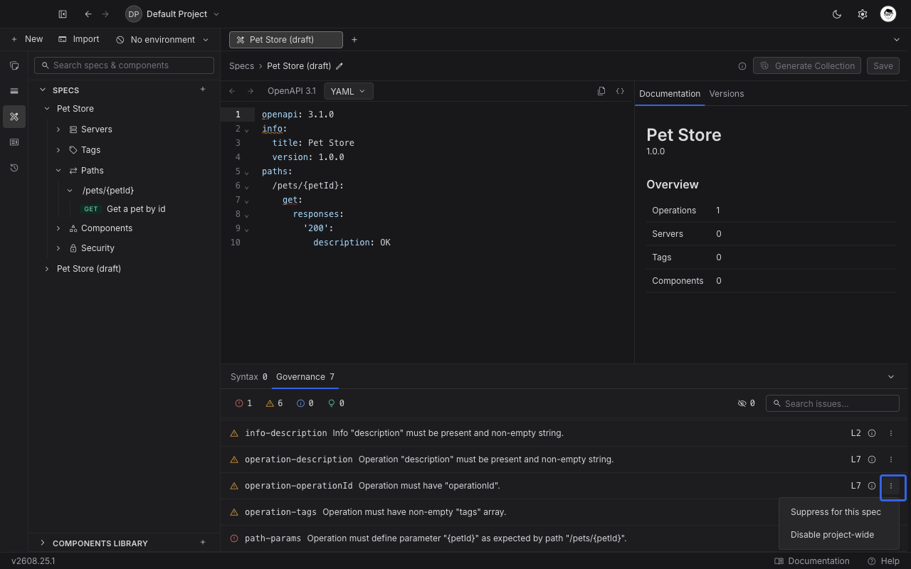 An Issues panel row with its three-dot menu open, showing Suppress for this spec and Disable project-wide