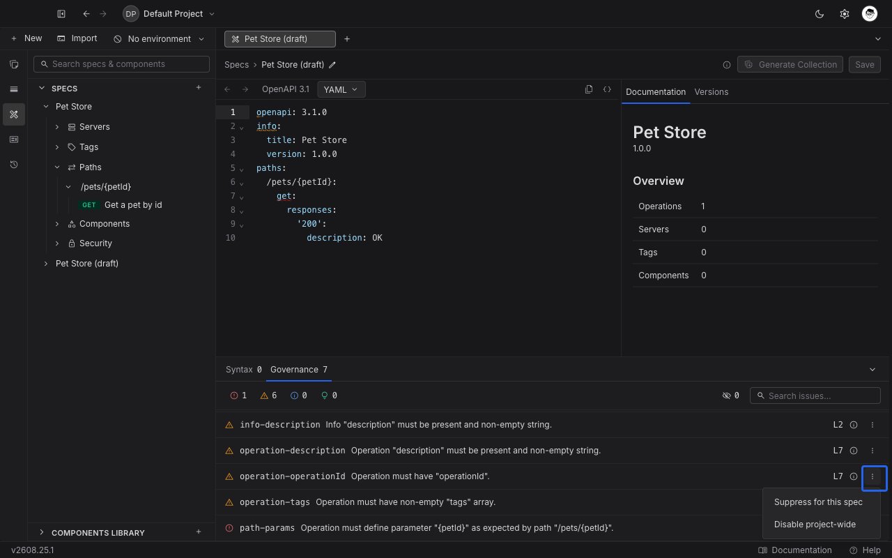 An Issues panel row with its three-dot menu open, showing Suppress for this spec and Disable project-wide