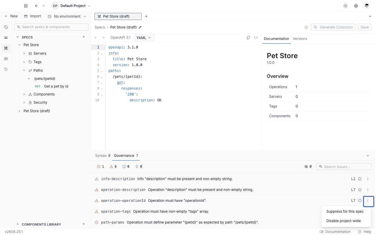 An Issues panel row with its three-dot menu open, showing Suppress for this spec and Disable project-wide