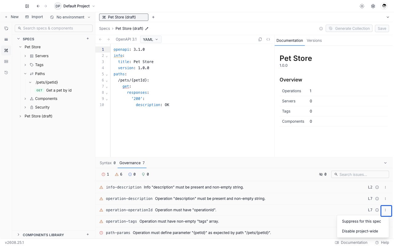 An Issues panel row with its three-dot menu open, showing Suppress for this spec and Disable project-wide