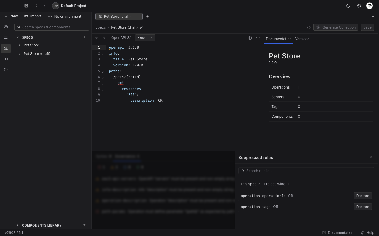 The Suppressed rules drawer open over the Issues panel, with This spec and Project-wide tabs and a Restore button beside each rule id