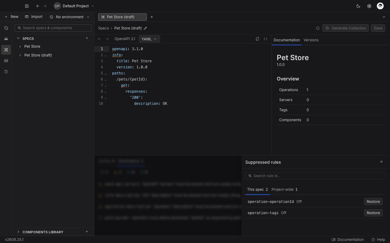 The Suppressed rules drawer open over the Issues panel, with This spec and Project-wide tabs and a Restore button beside each rule id