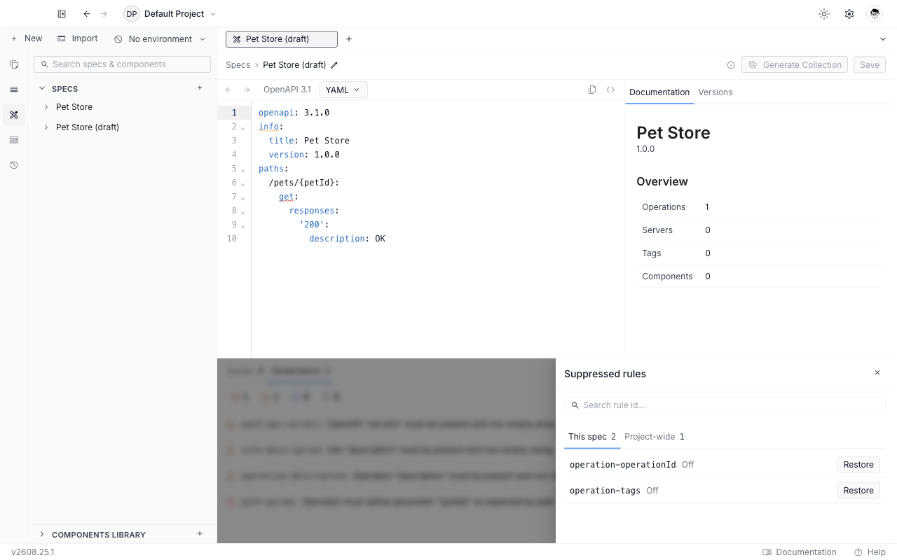 The Suppressed rules drawer open over the Issues panel, with This spec and Project-wide tabs and a Restore button beside each rule id