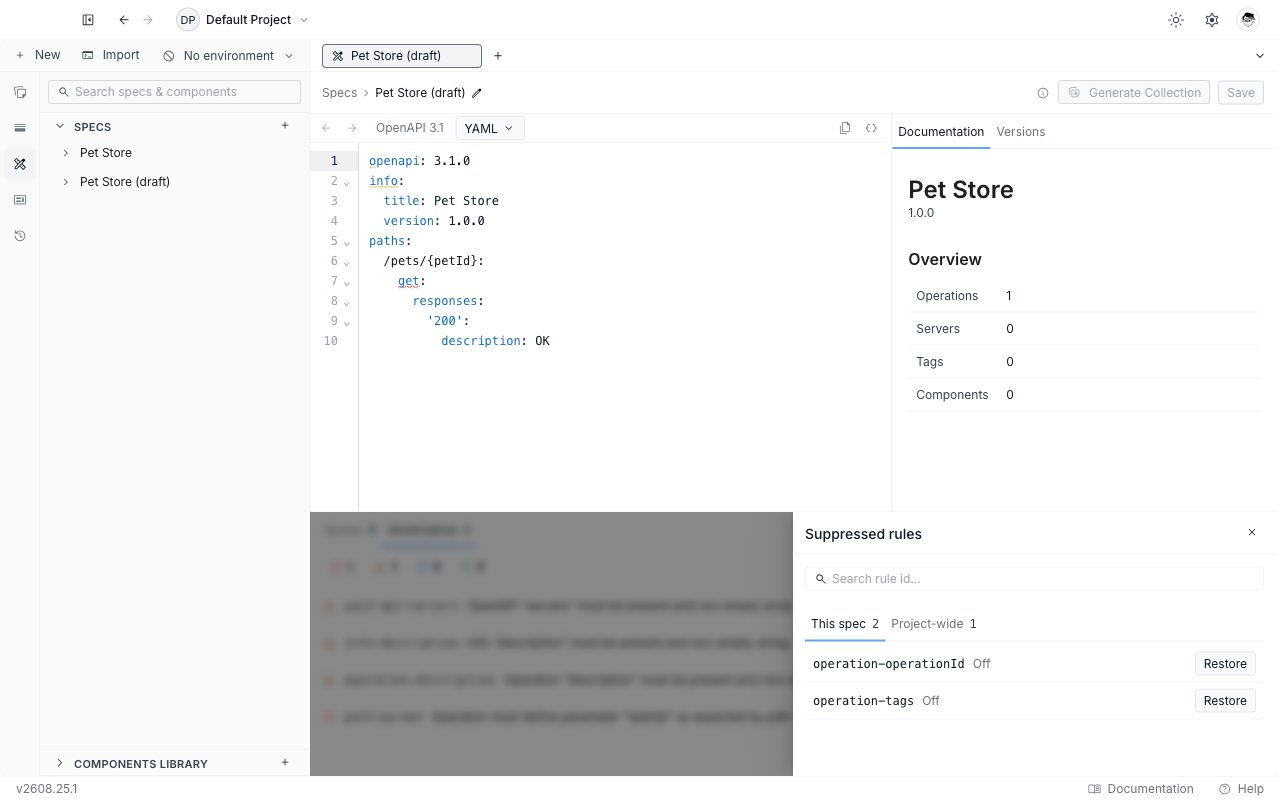 The Suppressed rules drawer open over the Issues panel, with This spec and Project-wide tabs and a Restore button beside each rule id