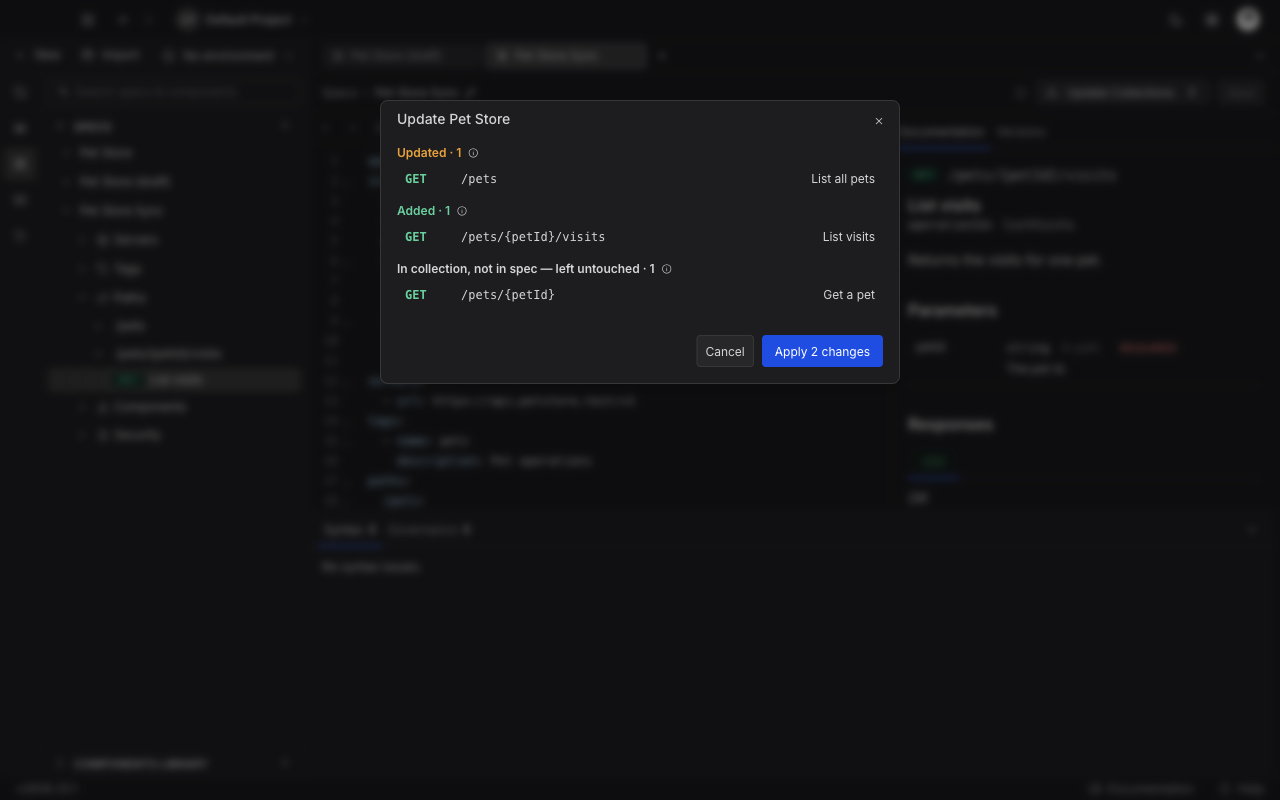 The Update preview dialog grouping changes into Added, Updated and In collection not in spec sections, with an Apply button counting the changes