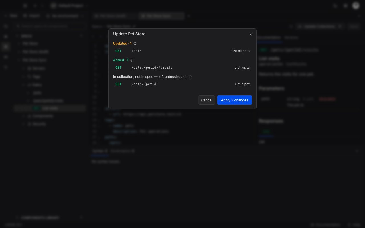The Update preview dialog grouping changes into Added, Updated and In collection not in spec sections, with an Apply button counting the changes