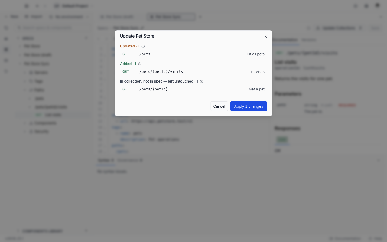 The Update preview dialog grouping changes into Added, Updated and In collection not in spec sections, with an Apply button counting the changes