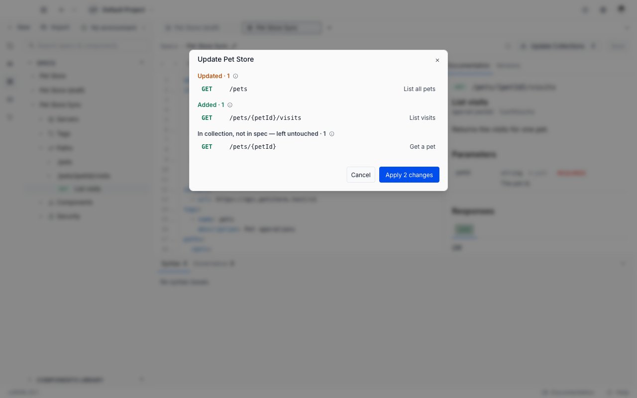The Update preview dialog grouping changes into Added, Updated and In collection not in spec sections, with an Apply button counting the changes